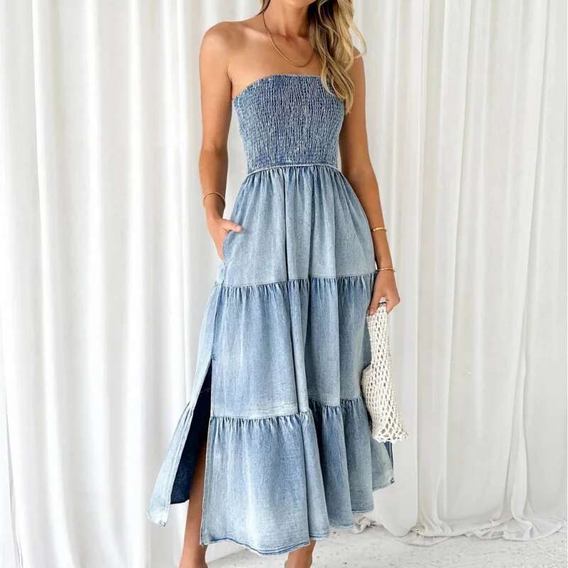 Dongdumaoyi Zomer Dames Elegante Zoom Patchwork Bustier Cake Denim Lange Jurk Met Zijsplit