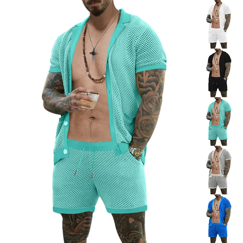 2024 summer mens Vneck short sleeved cardigan and shorts fashionable hollow breathable twopiece suit 250326