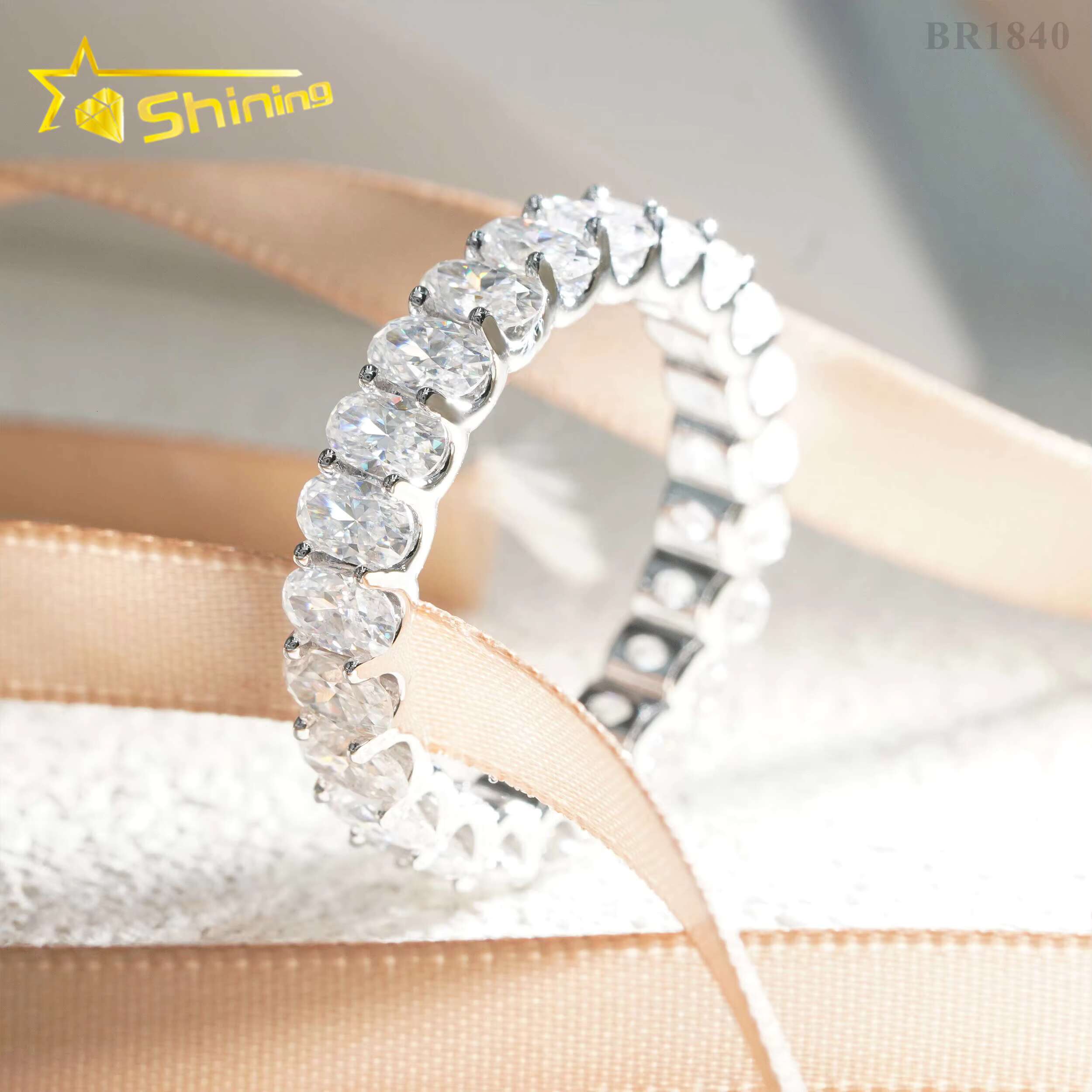 Wholesale 3*5MM 4*6MM Gold Plated 925 Sterling Silver Fine Jewelry Iced Out Diamond Oval Moissanite Hip Hop Eternity Band Ring