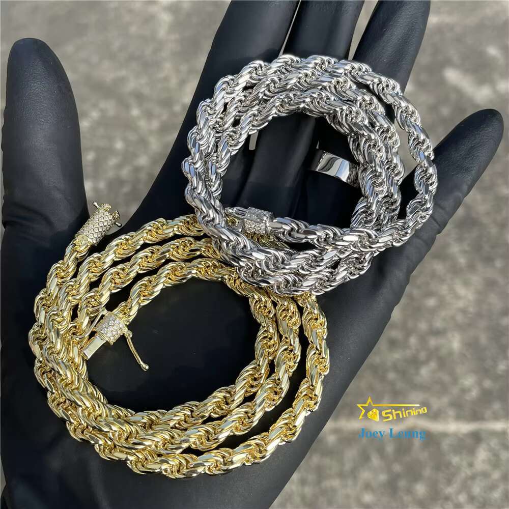 Ready to Ship Hip Hop Jewelry 6.0mm Rope Chain 18K Gold Plated VVS Moissanite Diamond Necklace 925 Sterling Silver Rope Chain