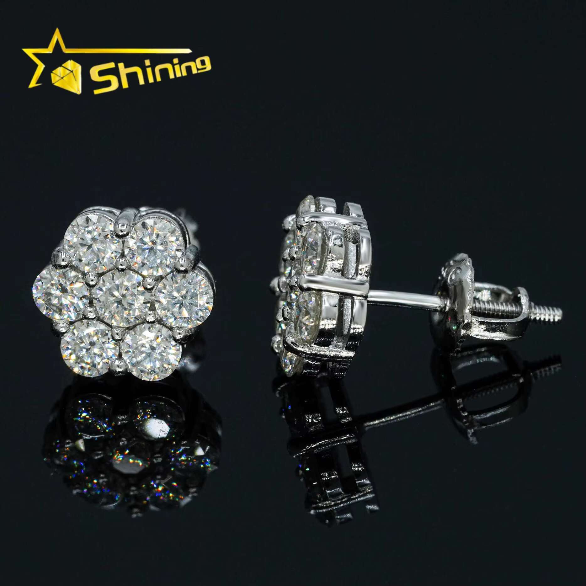 Hot Selling Gold Plated 925 Silver Flower Earrings GRA Certificated Screw Back Moissanite Cluster Ear Stud for Men Women