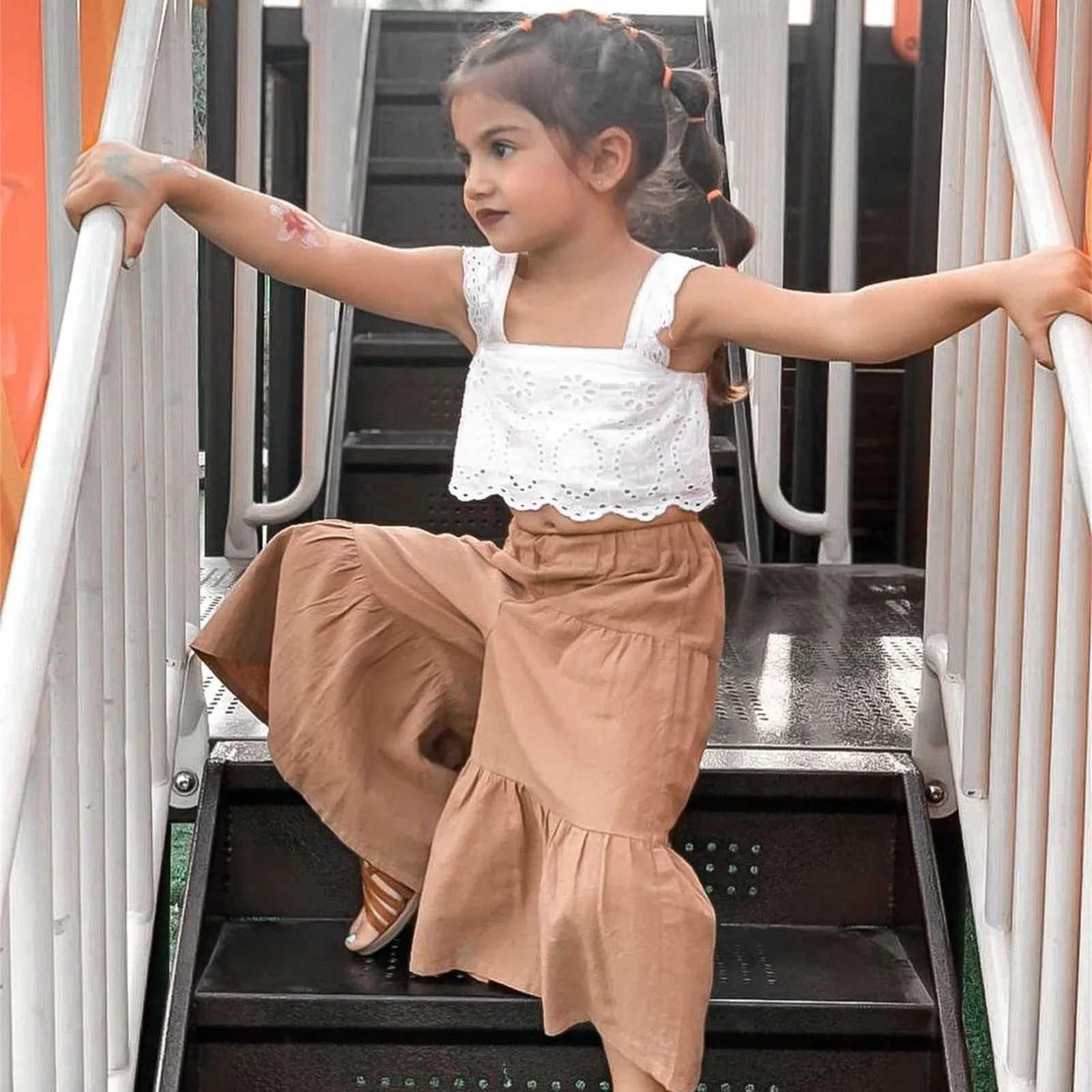 Listenwind 1-5Y Childrens Baby Girl Clothing Set Summer Lace Sleeveless Top Wide Leg Pants Travel Holiday Clothing SetT250327
