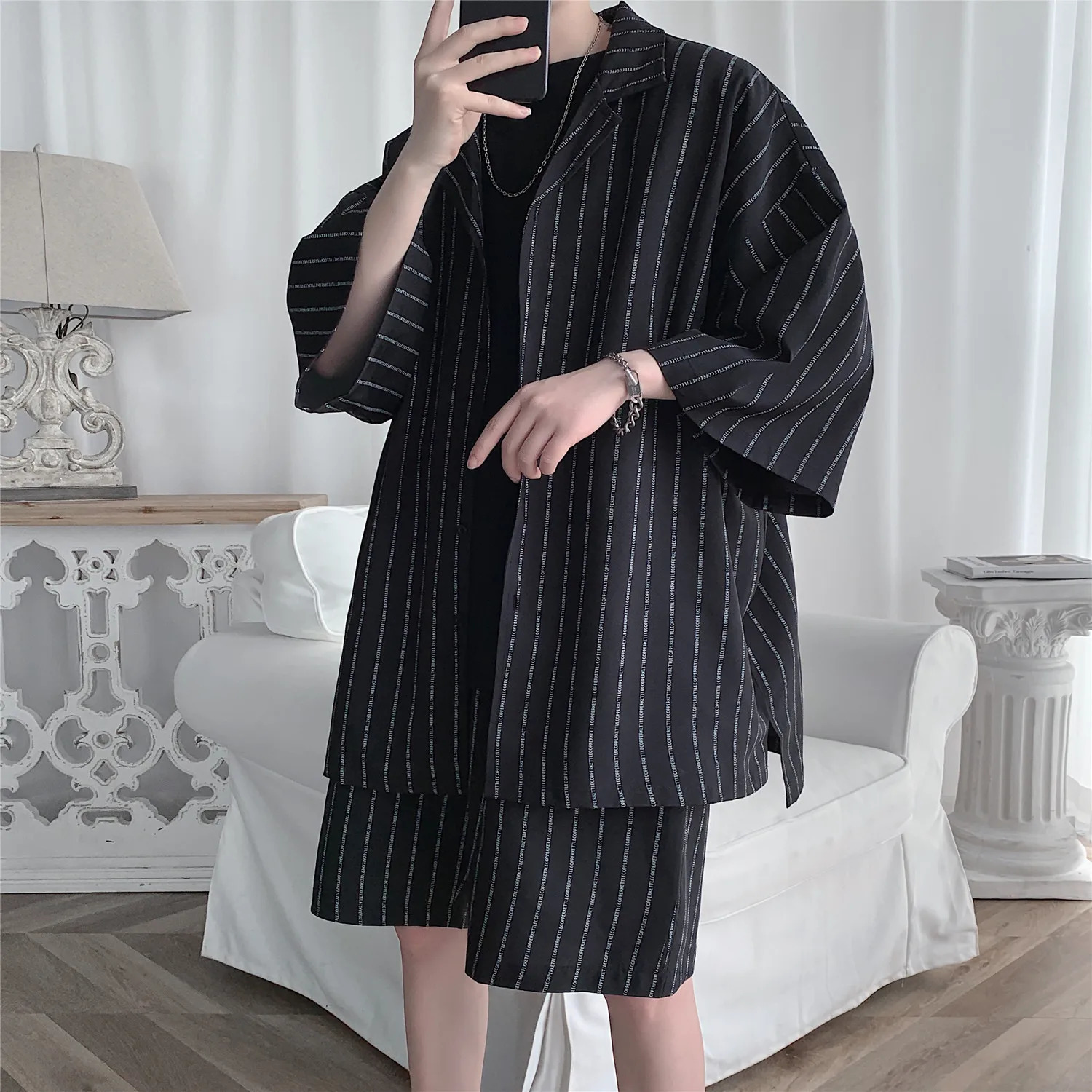 Korean mens track and field jacket shorts 2piece set summer striped sportswear ultrafine clothing lightweight 5XL 250326