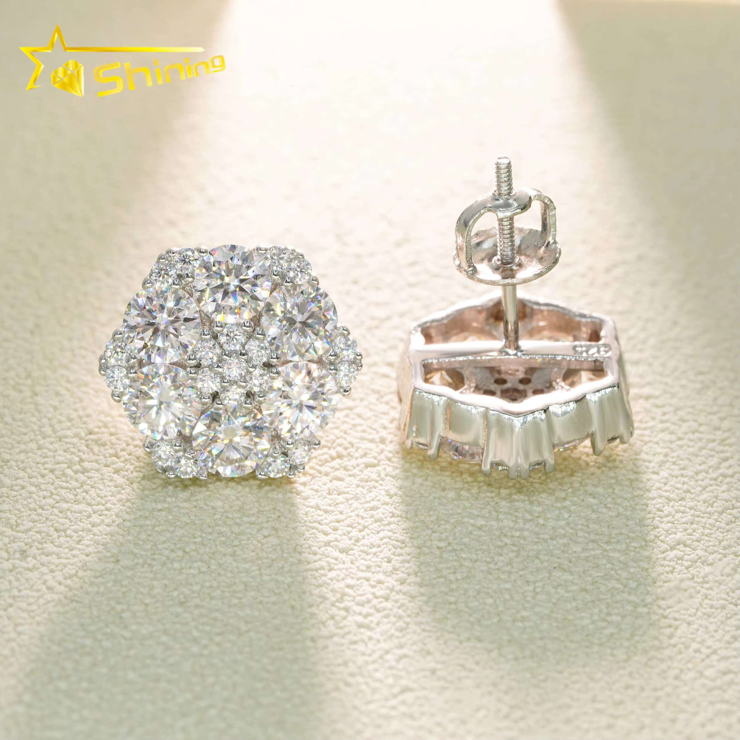 Luxury High Quality Hot Sale Flower Design Bling Jewelry 925 Sterling Silver Hip Hop Iced Out Moissanite Stud Earring Earrings