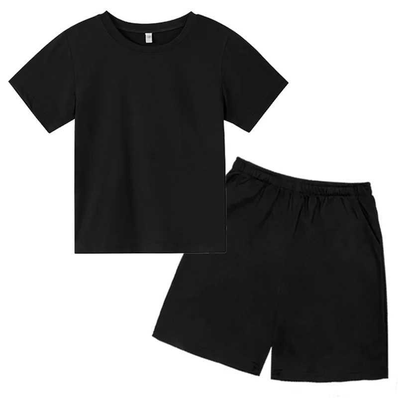 Childrens T-shirt boys and girls two-piece set 2-12-year-old childrens hot leisure outdoor sports set short sleeved+solid colorT250327