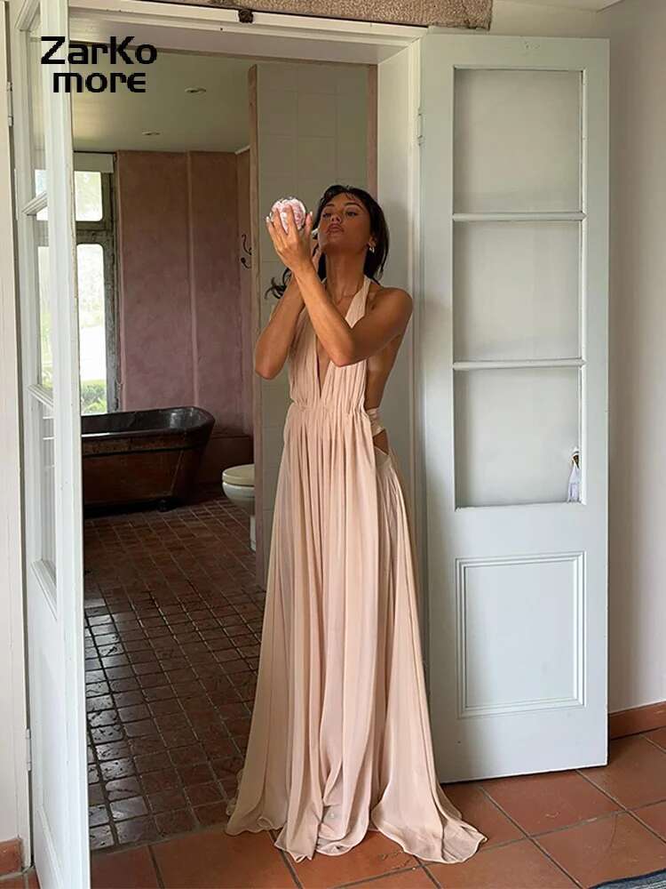 Sexy Halter Pleated Long Dress Women Backless Sleeveless Hollow Out A-E Party Beach Dresses 2025 Summer Lady Draped Robes