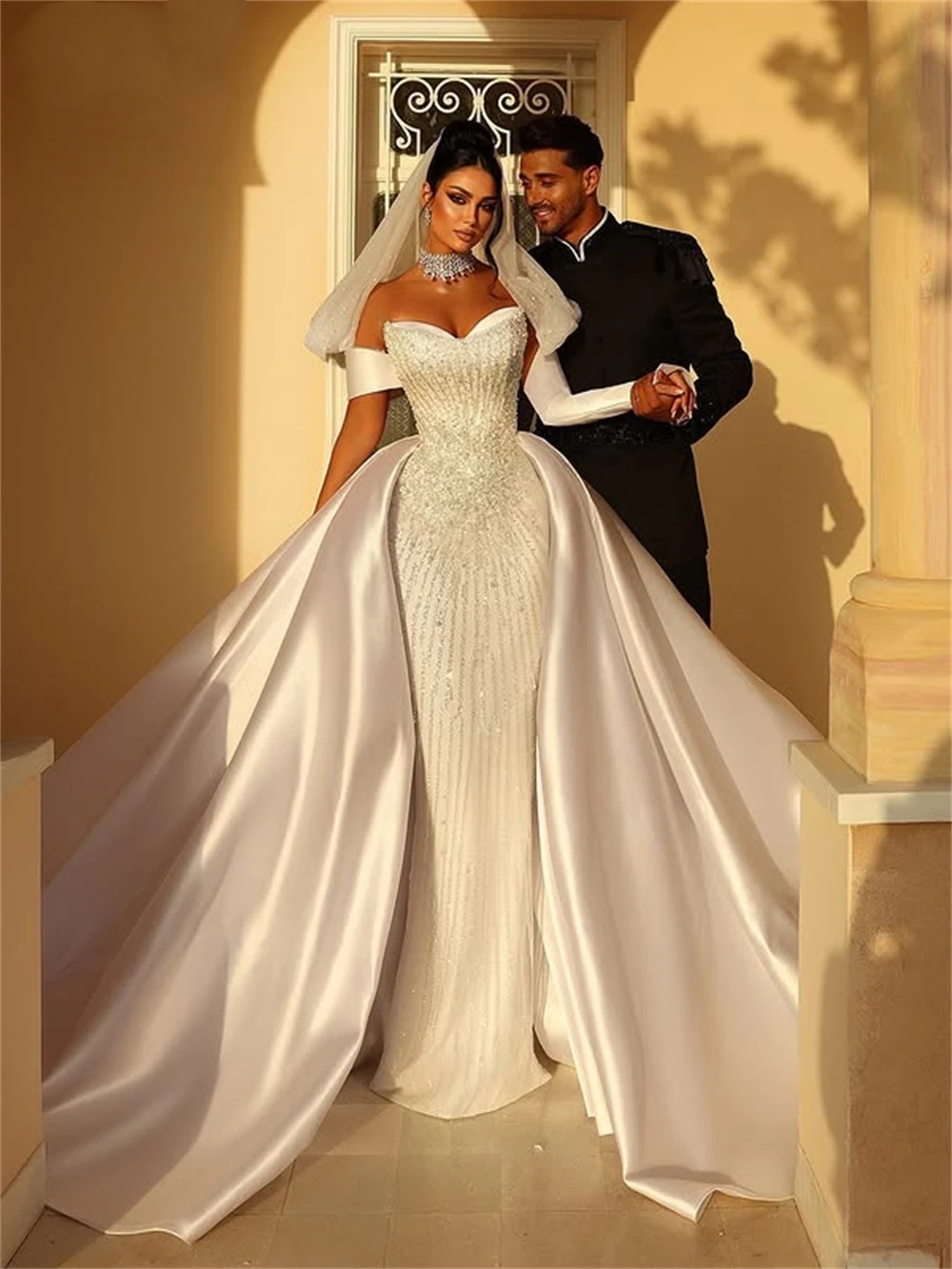 Luxurious Mermaid Wedding Dress Sweetheart Neck Off Shoulder Bridal Gowns Sequins Pearls Lace Detachable Train Dresses Custom Made vestidos de novia