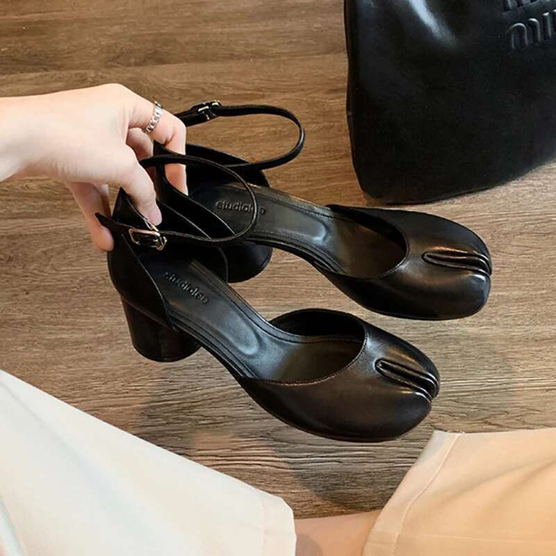 Modern Round High Heel Leather Square Split Toe Pumps Spring Summer Sandals Mary Janes Shoes Heels Women