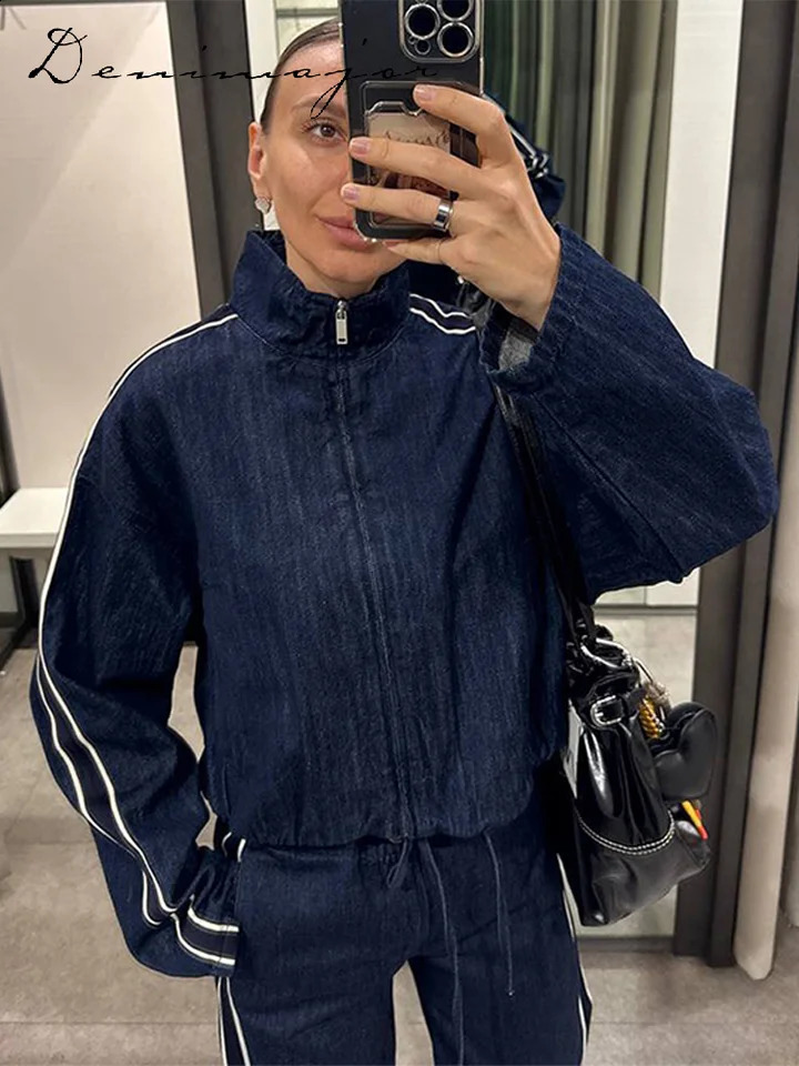 Street denim striped pants set womens long sleeved stand up collar pocket zipper jacket straight lace casual jeans 250326