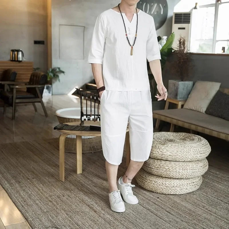Mens Thin Linen Summer Set China Loose Cotton 2pieceShort Sleeve 2piece 250326