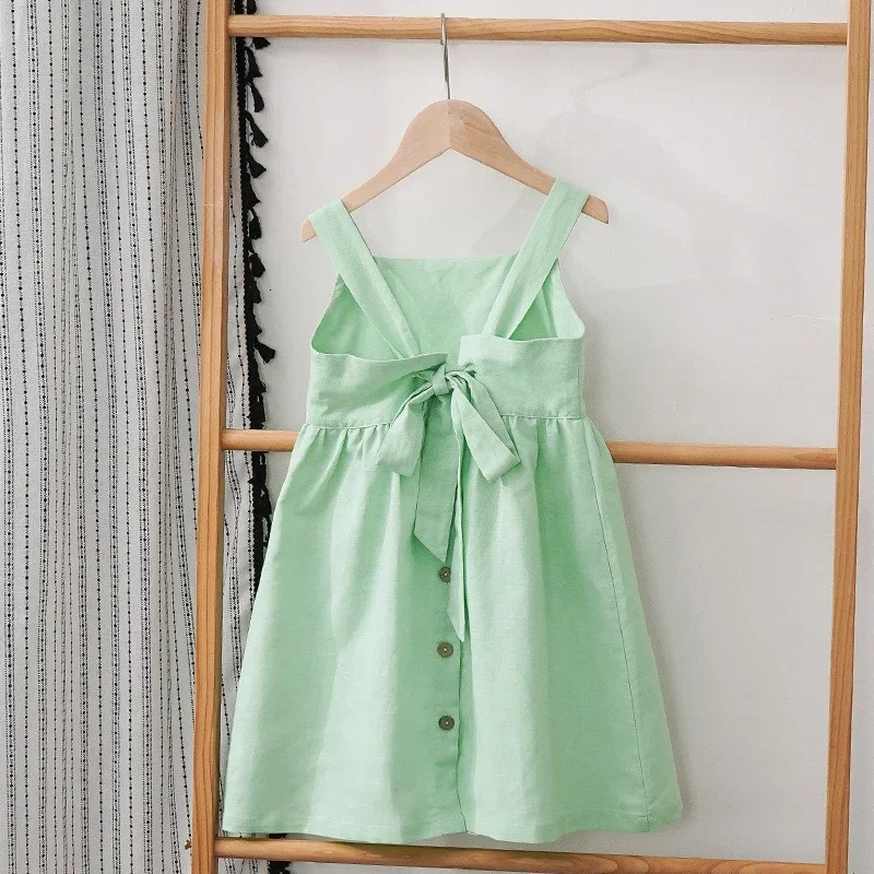 Girls Cotton And Linen Sleeveless Suspender Dress With Adjustable Shoulder Straps Summer Casual Pocket Kids Dresses TZ77 250326