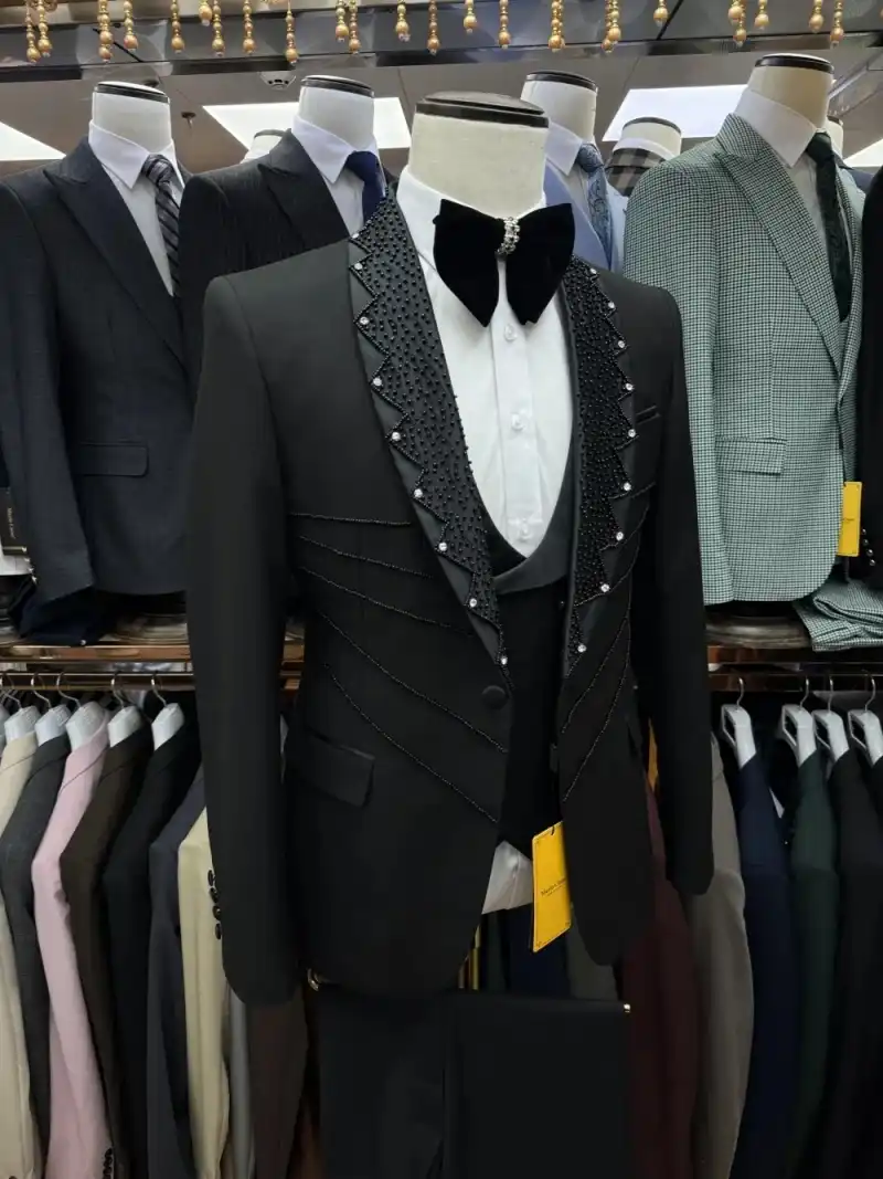 Black Spring Men Suits Set 2 Pieces Blazer+Pant Trousers With Crystals Beaded Customized Groom High Quality Wedding Tuxedo Formal Office Prom Jacket(C