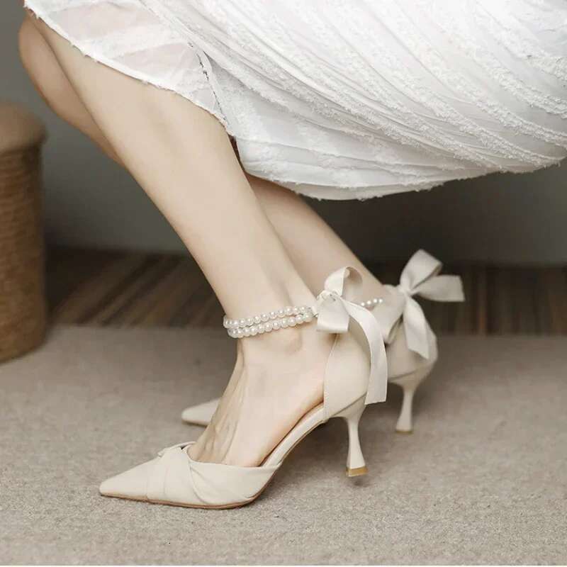 Women Elegant White High Heels Sandals Summer Chunky Platform Pearl Ankle Straps Pumps Woman Lace Bowtie Party Shoes
