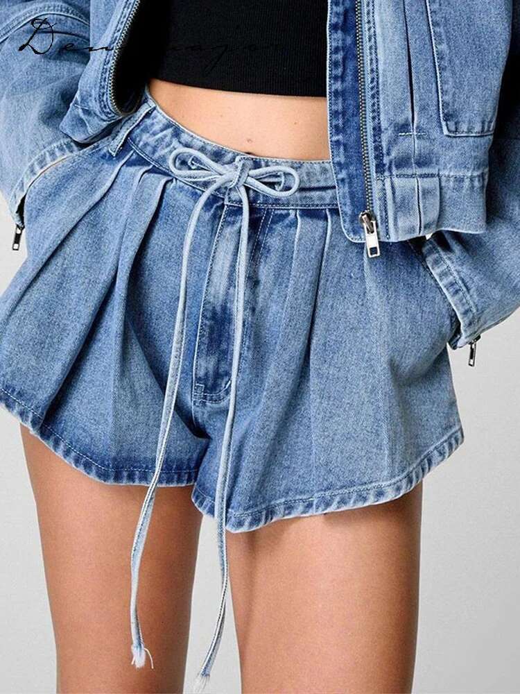 Lace Up Pleated Denim Women Shorts Suits Lapel Zipped Jacket Wide Leg Mini Pants Female Spring Summer New Fashion Lady Sets