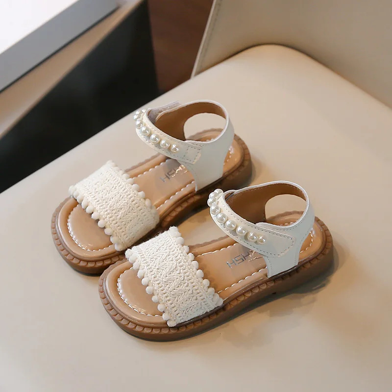 Unishuni Girls Sandals Princess One-Strap Summer Shoes Child Soft Skin-Friendly Cloth Sandal Kids Lace Pearl Bohemia Beach Flats 250326