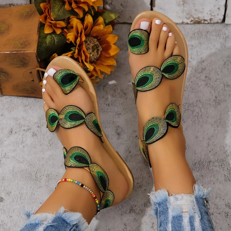Fairy Style Flat Gold Thread Peacock Eye Hair Sandals Shoes Summer with Ski Vacation Roller Beach 250317