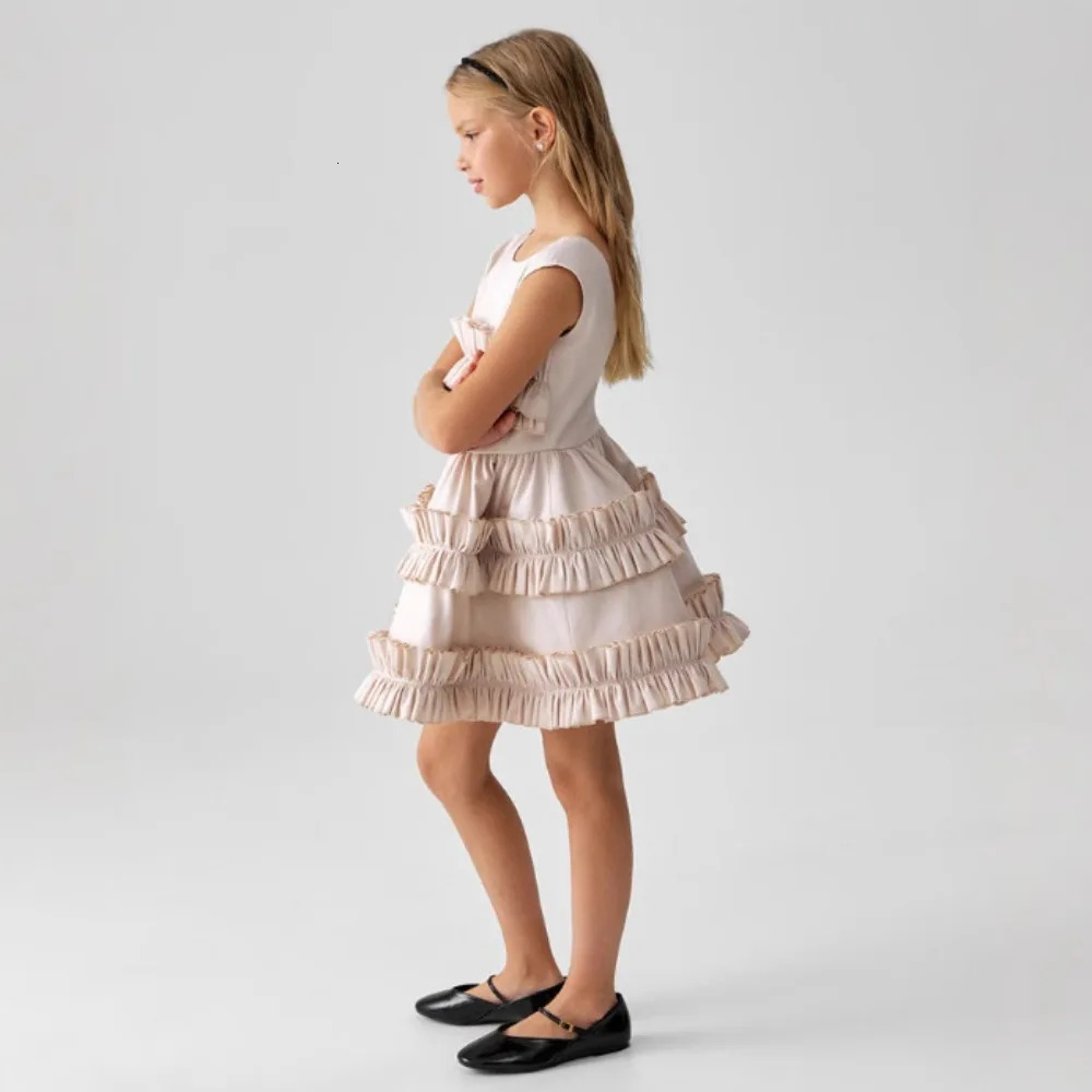 5667 Children Dress 2025 Ins Eastern Europe Spring and Summer Girls Dress Linen Slim Backless Cake Lace Skirt 250326