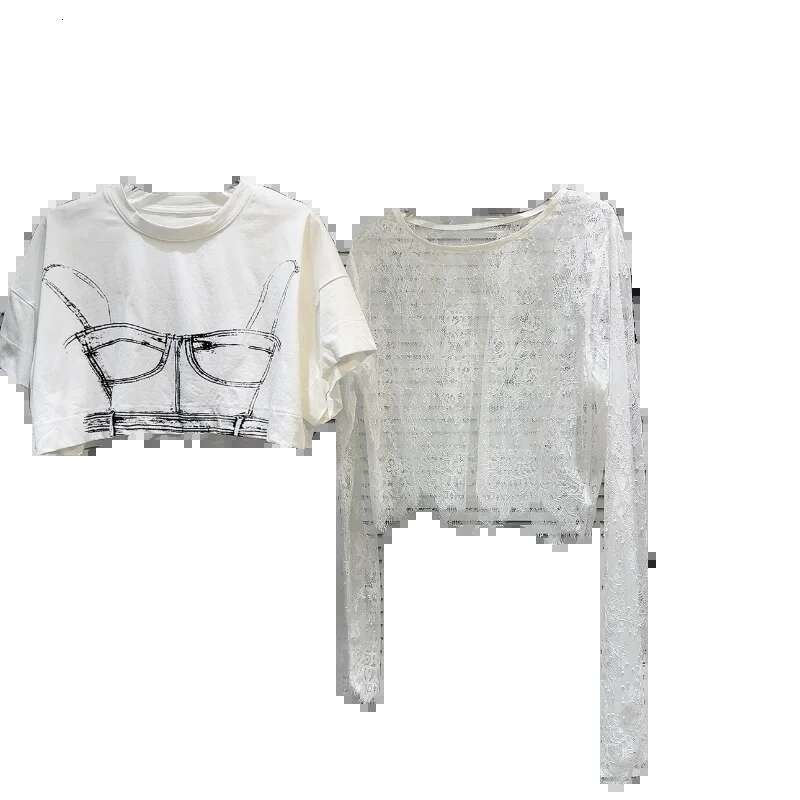 Summer New Collection Short Sleeve Hand-Painted Cartoon Top Lace T Shirt Women Two Piece Set Gr060
