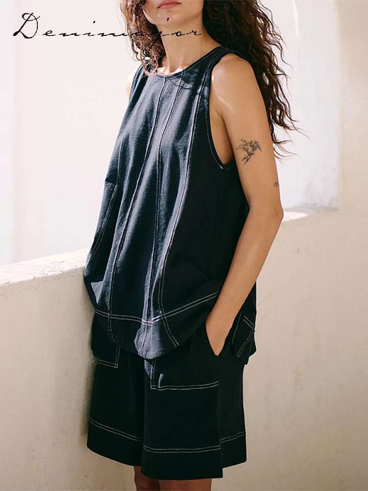Loose Striped Shorts Set Women Casual Sleeveless O-Neck Vest Wide Leg Elastic Waist Short Pants 2025 Summer Chic Beach Lady Sets