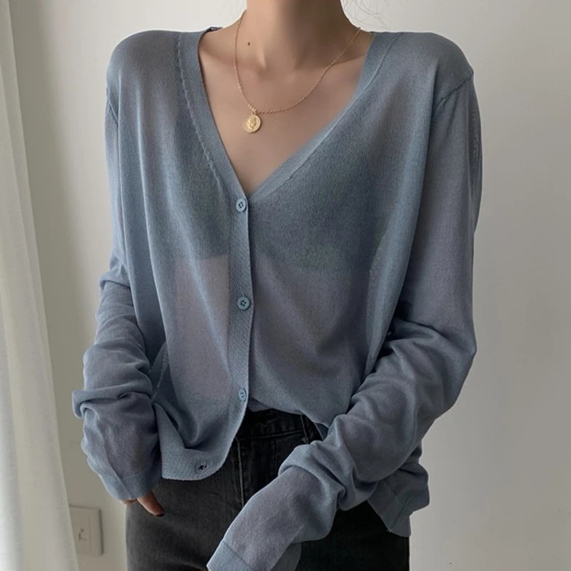 Womens cardigan top Korean long sleeved summer Vneck thin knit sun protection shirt sweater Blusas Mujer E600 250326