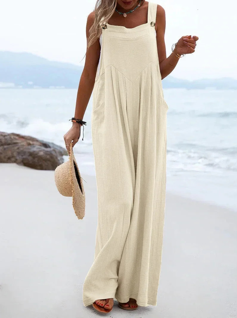 Womens onepiece summer pocket suspender jumpsuit wide leg pants Vneck pullover loose casual Y2K streetwear 250326