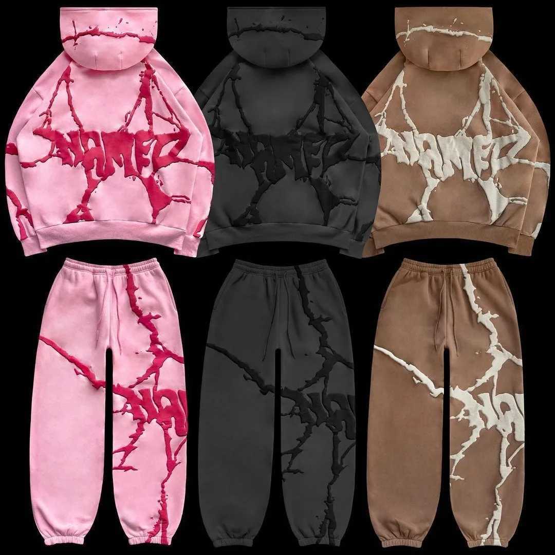 Mens Harajuku Hoodie Pants 2024 Winter Y2k Style Gothic foam Zipper Hoodie Printed Hip Hop Oversized Sportswear Two Piece SetXJ250326