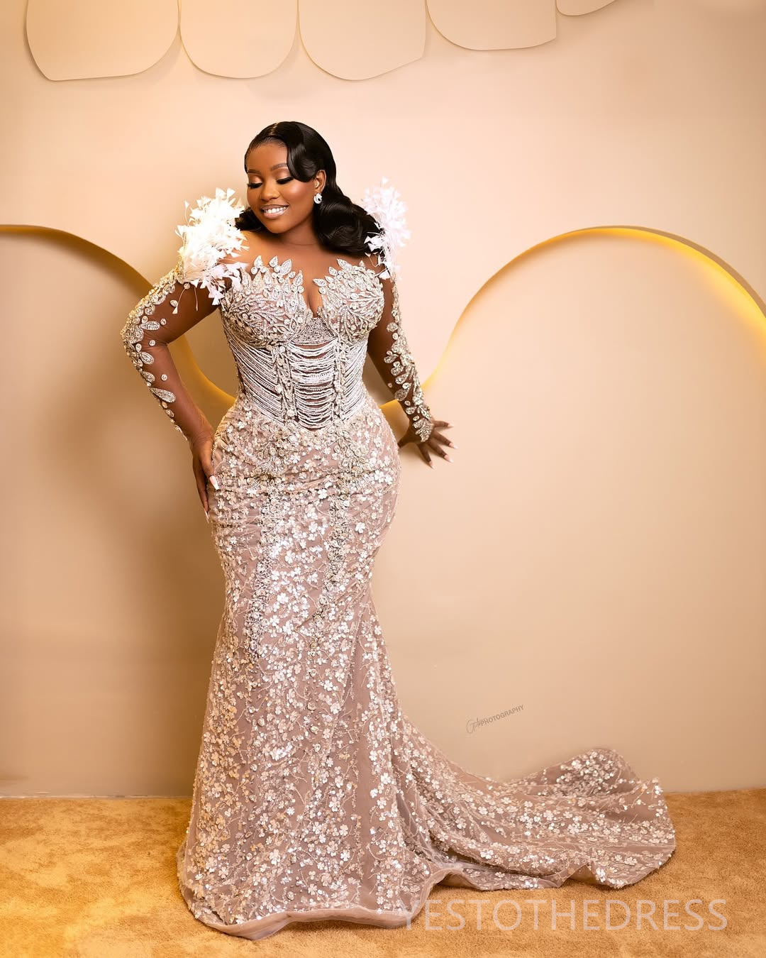 2025 Plus Size Aso Ebi Prom Dress Mermaid Prom Dresses Formal Gowns Illusion Sheer Neck Feather Long Sleeve Beaded Lace Birthday Second Reception Gown