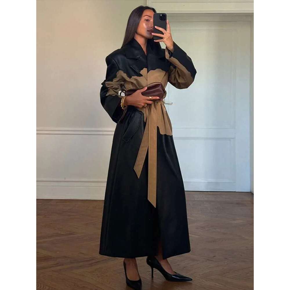 Women's Coat Elegant Contrast Leather Trench Coat Women Lapel Single Breasted Split Female Overcoat With Belt Autumn Winter Lady Outwear