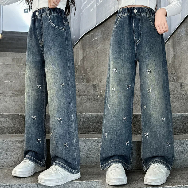 Girls Bow Jeans Spring Childrens Elastic Straight Autumn Youth Printed Wide Leg Trouser Fashion Pants 250325