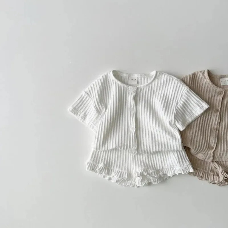 INS Korean Style Summer Thin Solid Color Girls Short Sleeve Ruffle Shirt Shorts Set for Toddler Baby Casual Two-Piece Outfits 250326