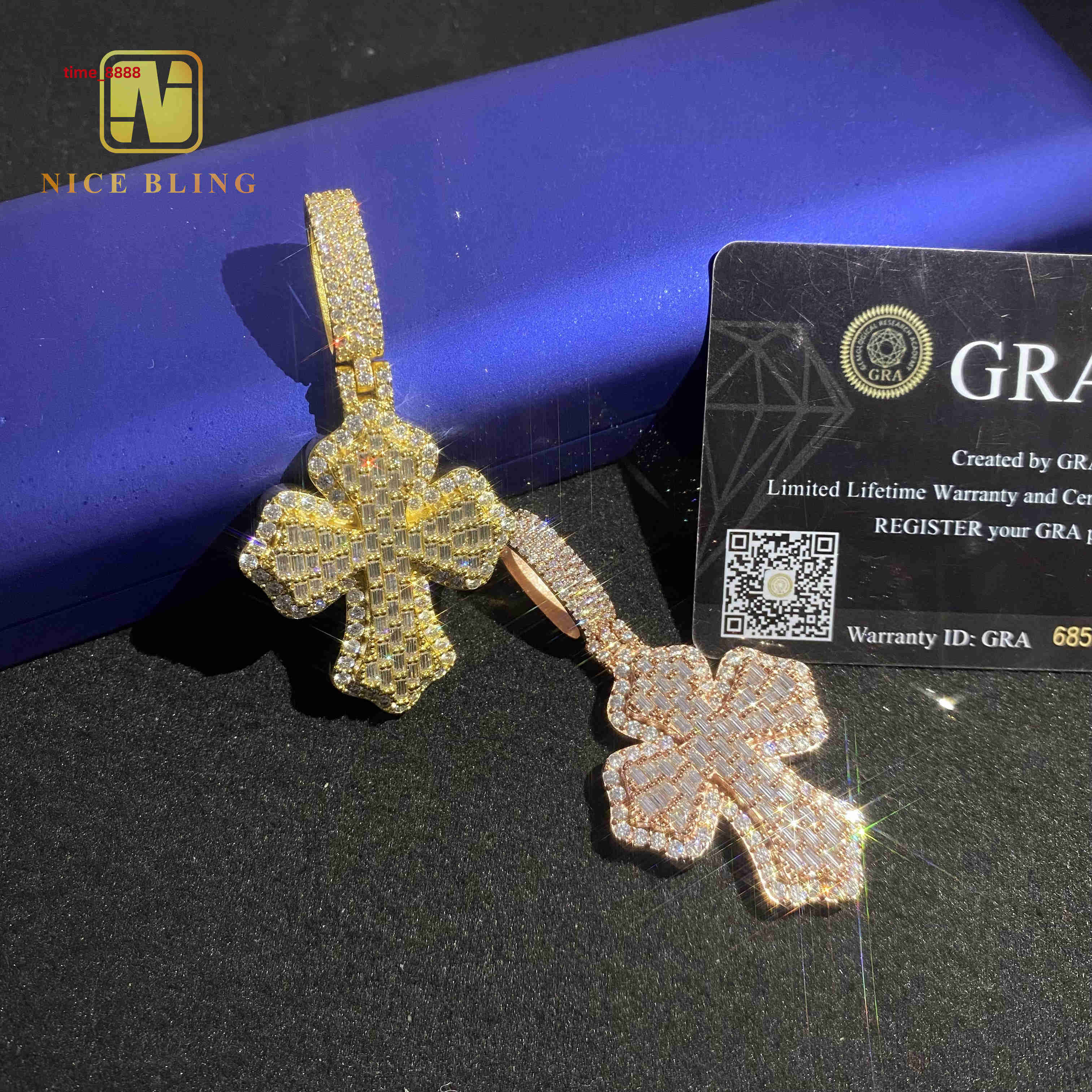 Custom Hip Hop Moissanite Jewelry Pass Diamond Tester Ice Out Baguette Diamond 925 Sterling Silver VVS Moissanite Cross Pendant