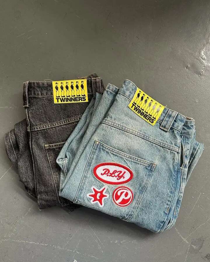 PROTECT Y2k Haruku Hip Hop Graphic Oversized Retro Blue Baggy Jeans Mens Womens New High Waist Wide Leg Trouser