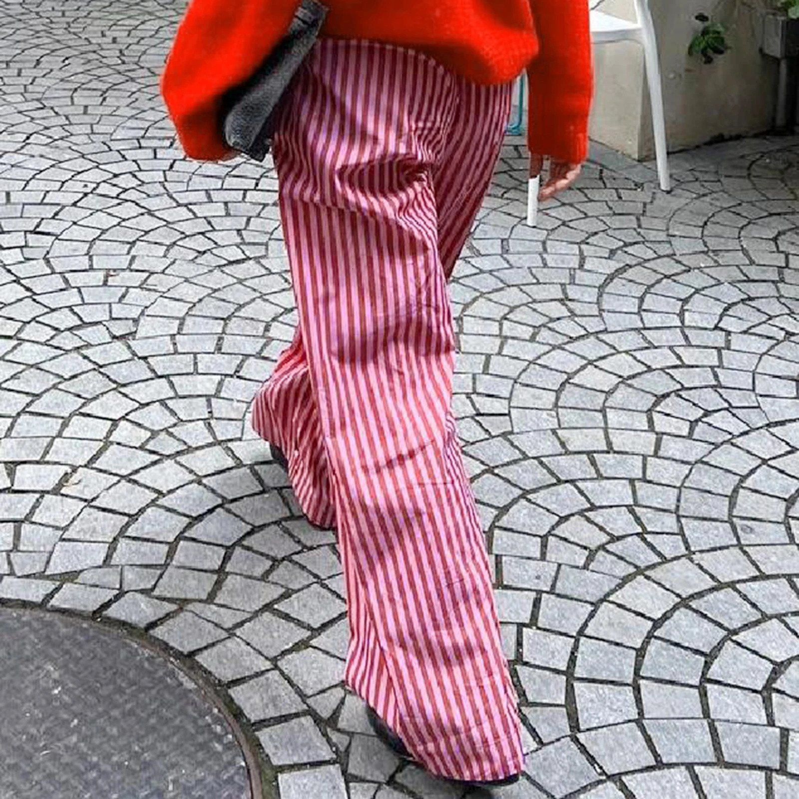 Women Y2k Oversize Pants Loose Wide Leg Casual Solid ColorStripe Print Elastic Waist Trousers for Work Office Streetwear Z260314