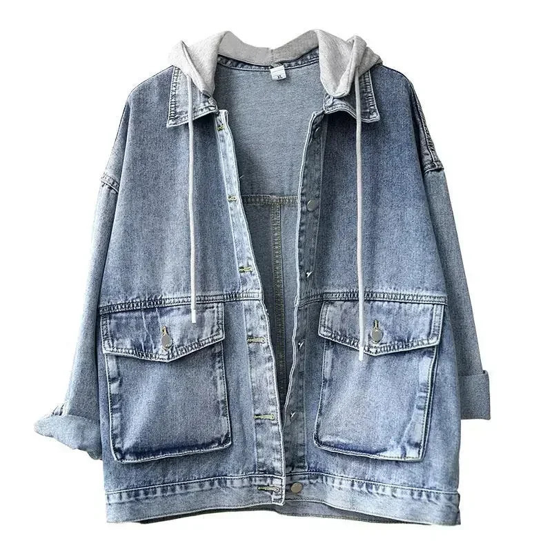 Korean denim jacket womens spring casual loose weight loss super big hat retro solid women 250326