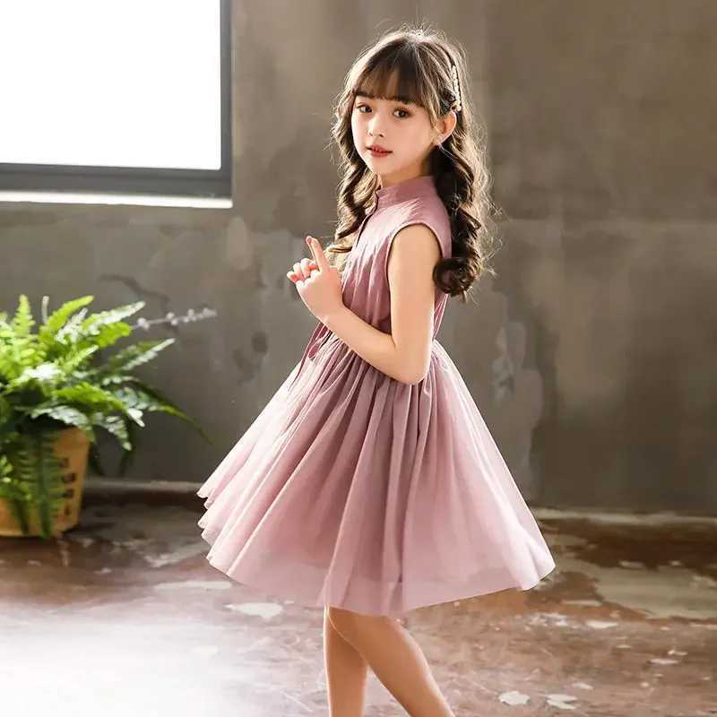 Childrens girls pink shirt dress 2024 new childrens sweet vest lace patchwork teenage girls mesh dress Japanese sled W250326