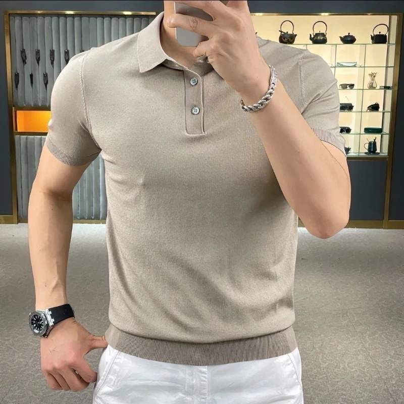 Mens thin Tshirt slim fit fashionable knitted elastic business solid color polo shirt short sleeved lapel mint mens style 250327