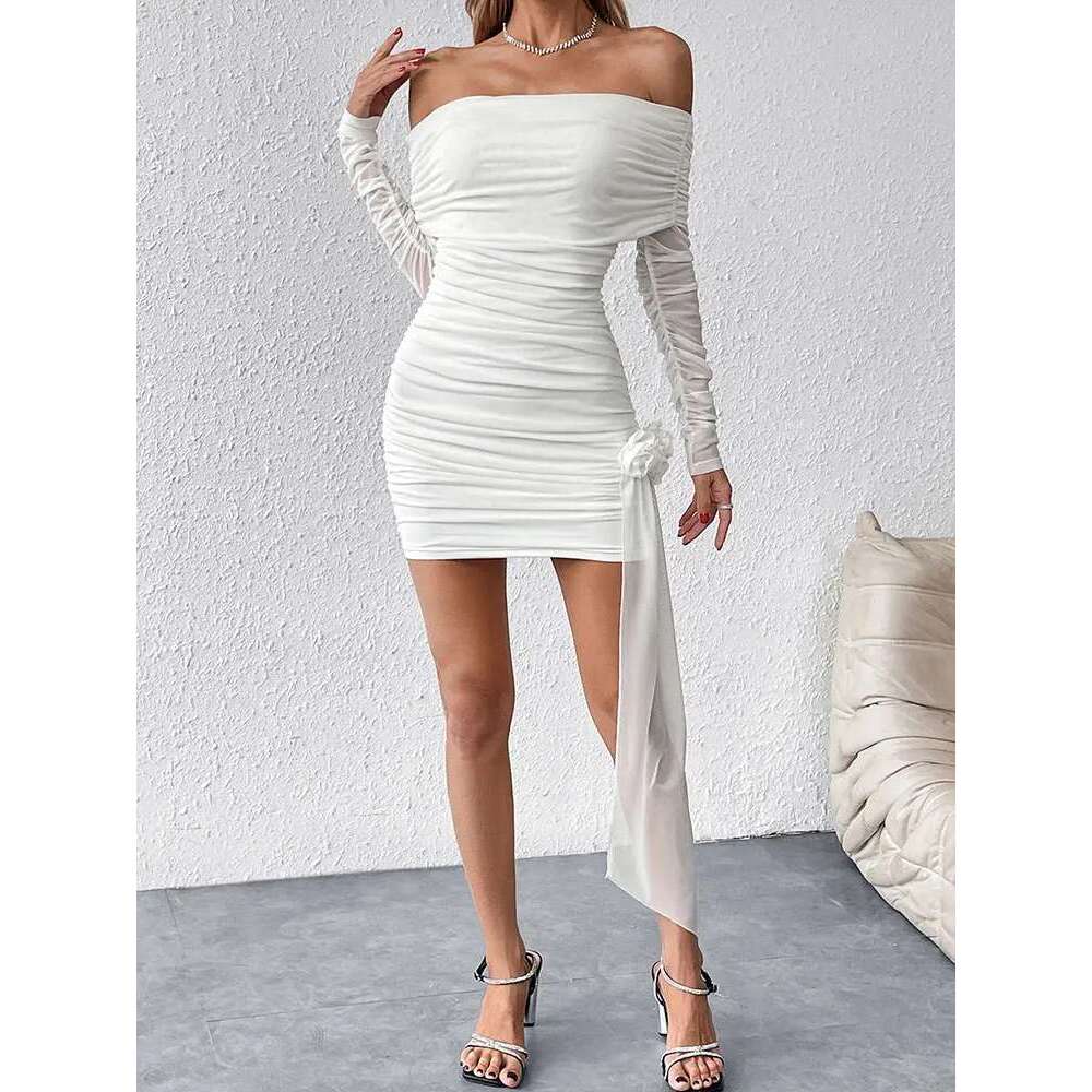 Spring Sexy Solid Women's New Strapless Mini Dress Streetwear Fashion Long Sleeves Tie wers Female Dresses Clothing