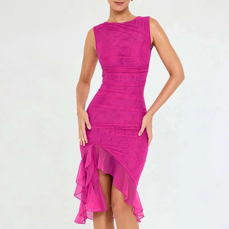 and the States Europe United cross-border 2025 new fashion mesh tight-fitting backless irregular pleated dress summer women