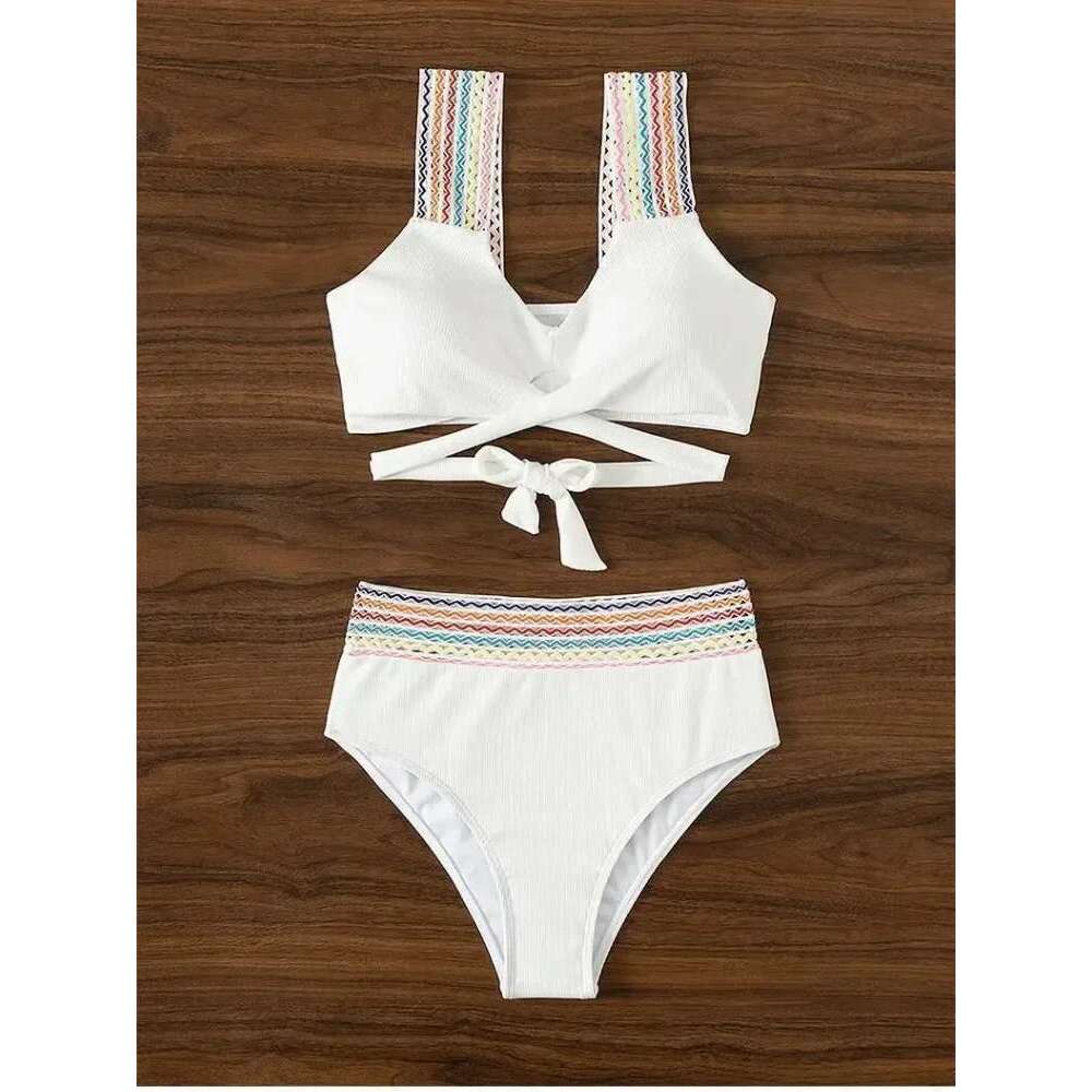 New Sexy Cross Wrap Ribbed Bikinis 2025 Women Swimwear Female Swimsuit Two Piece White High Waist Bikini Set Bather Bathing Suit