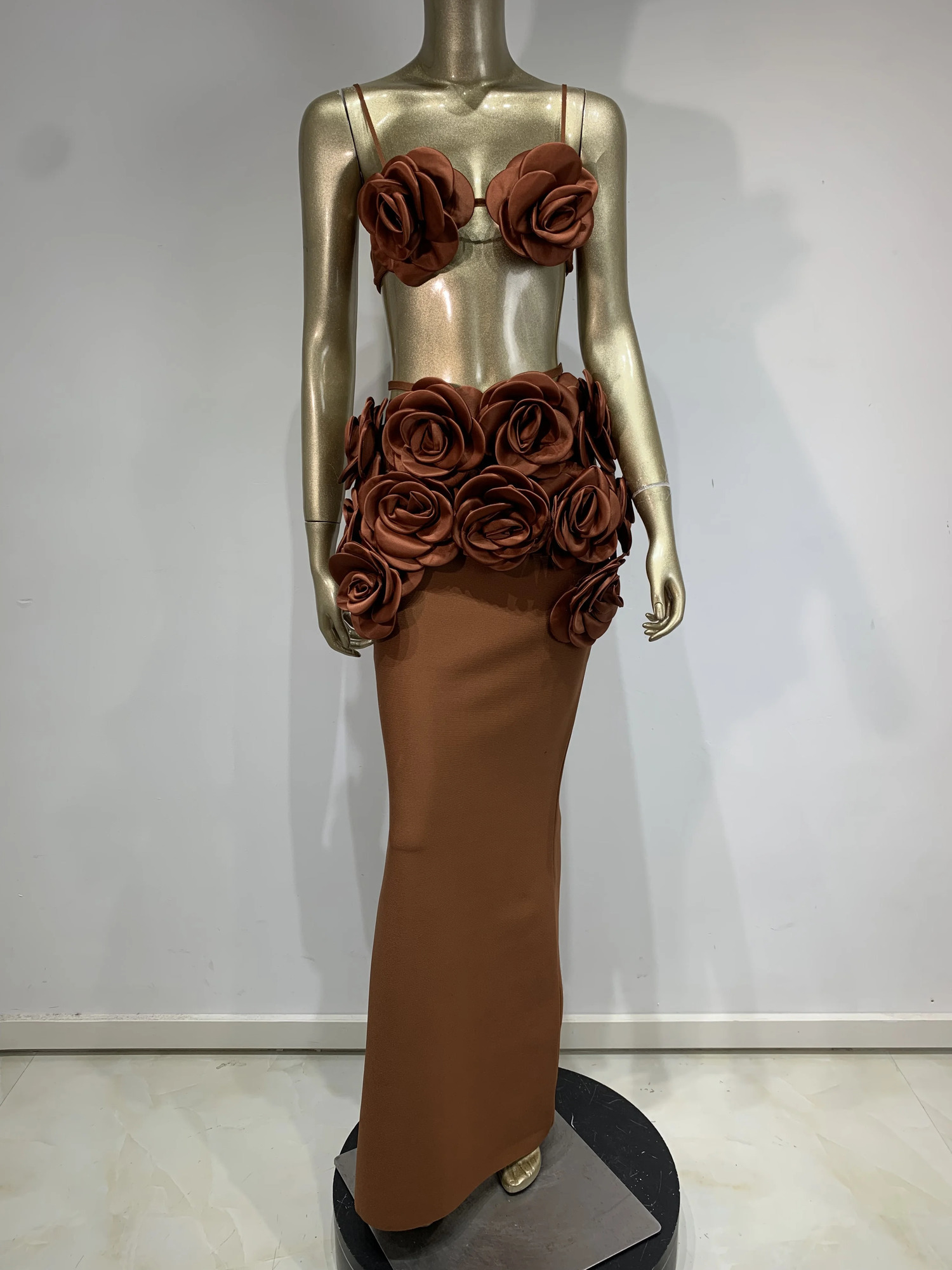 Womens Celebrity Sexy Backless Strapless Flower Brown Maxi Long Bandaged Ski Set Knitted Elegant Nightclub Party Clothing 250326