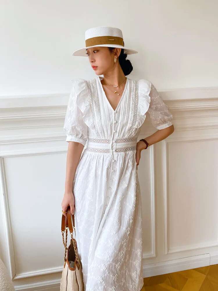 Dongdumaoyi Zomer Nieuwe Witte Franse Ontwerp Taille Kalkende Europese En Amerikaanse Dames Midi Jurk Elegante Socialite V Hals Voor