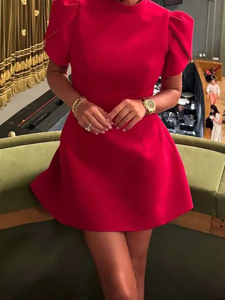 Dongdumaoyi Stand Kraag Korte Mouw Terug Uitgehold Strik Decoratie Rok Mode Slim Fit Elegante Mini Jurk C