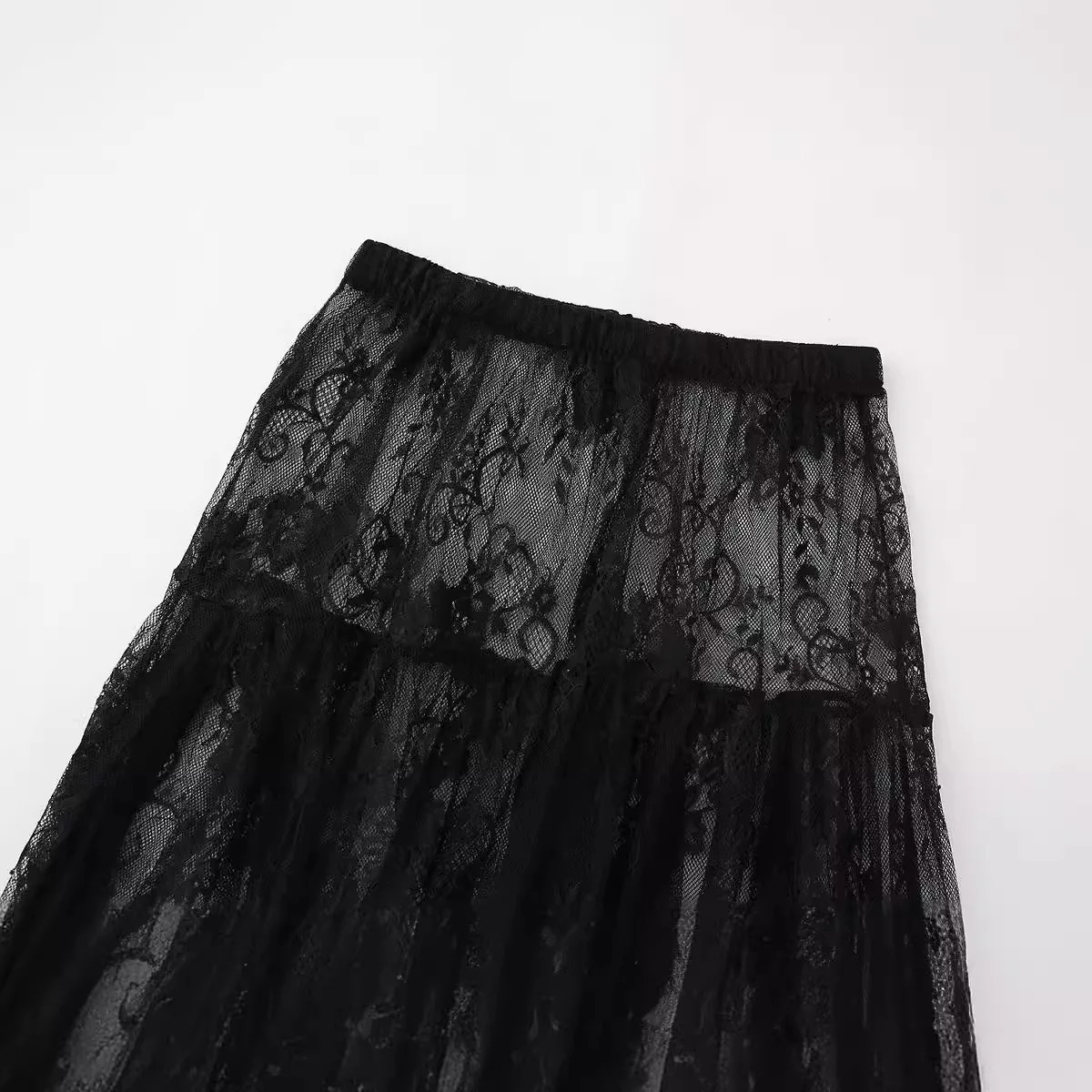 Black Lace Mesh Skirt Womens High Waist Midi Skirt Tulle Long Skirt Womens Translucent Party Womens Sexy Skirt 2024 250317