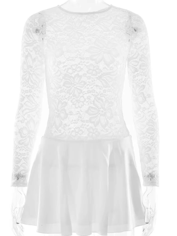 Fantoye Patchwork Sexy See Through Lace Womens Dress Red Long Sleeve Aline Spring Ultra Thin Elegant Party Club 2025 250324