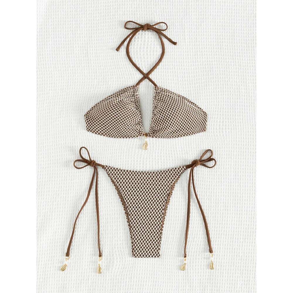 Grid Bikini Set for Women Solid Color 2 Piece Swimsuit Sexy Halter Lace-up Backless Thong Beach Vacation Swimwear 2025 New