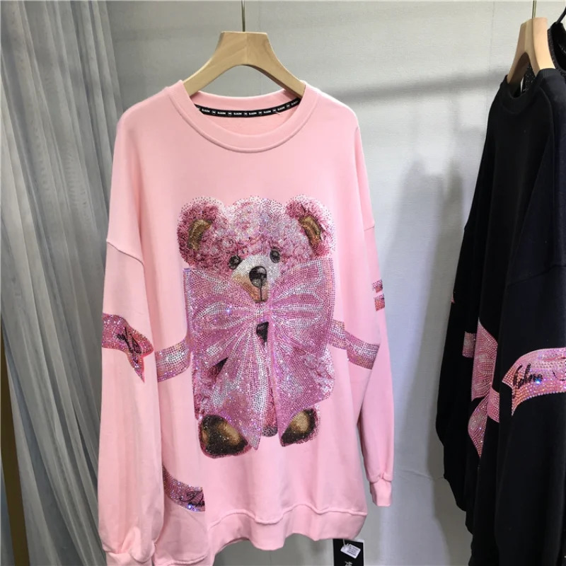 Large size sportswear Kawaii bear bow tie diamond print cute casual full match womens autumn and winter top 250326