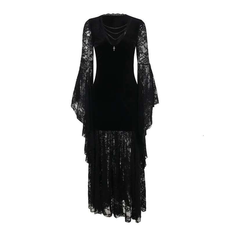 Dongdumaoyi Herfst Nieuwe Elegante Fluwelen Jurk Met Vleermuismouwen En Kanten Panelen Voor Dames