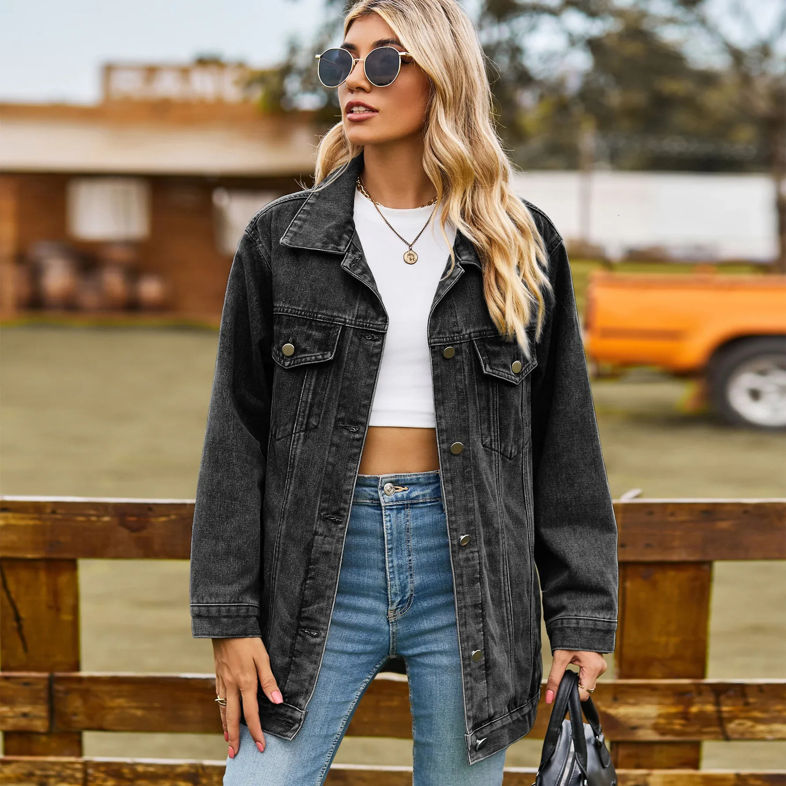 Classic womens denim jacket for autumn and winter loose mid length casual clothing S2XL 250326
