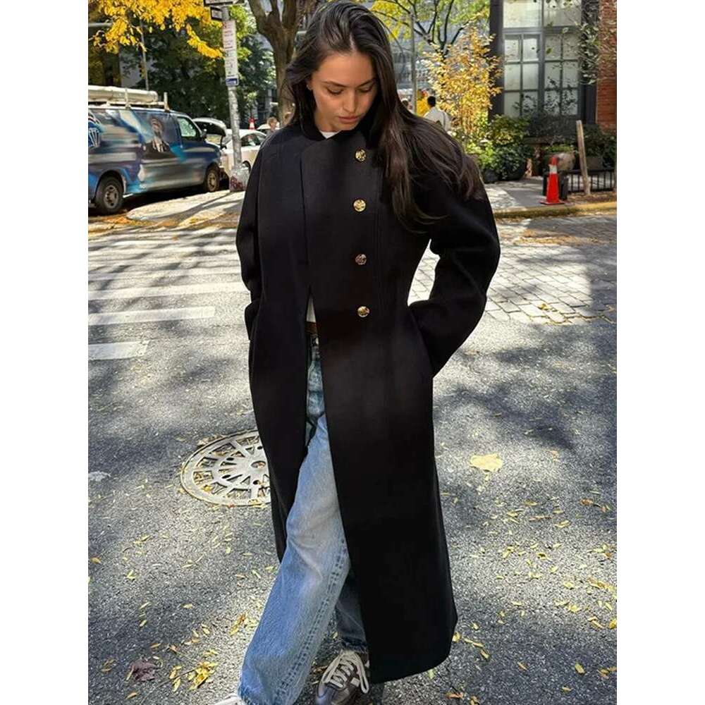 Women's Coat Elegant Women Woolen Long Coats O-Neck Full Sleeve Single Breasted Outwear Female Autumn Winter New Lady Streetwear