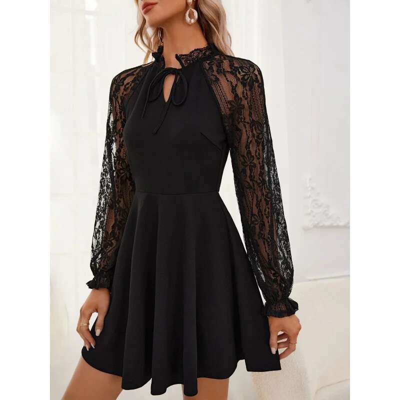 Dongdumaoyi Lente Nieuwe Collectie Elegante Dames Effen Kleur Franse Contrasterende Kant Tie Taille Lange Mouwen Mode Jurk